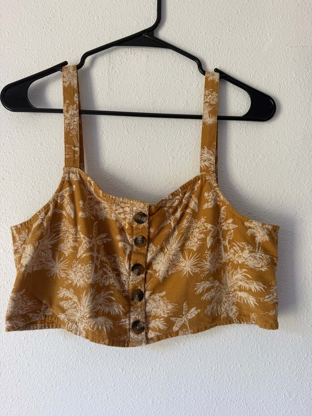 NWOT American Eagle Mustard White Tropical Boho Button Front Crop Tank Top Sz L